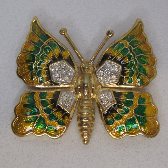 Vintage Jewelry Yellow Green Enamel Gold Tone Butterfly Brooch Pin